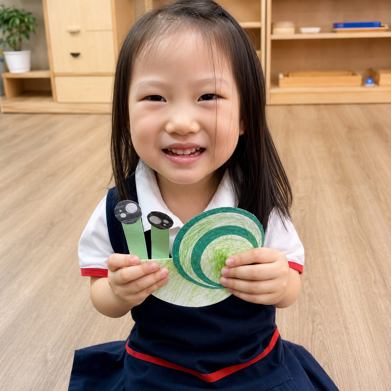 A girl proudly showing the craft she made