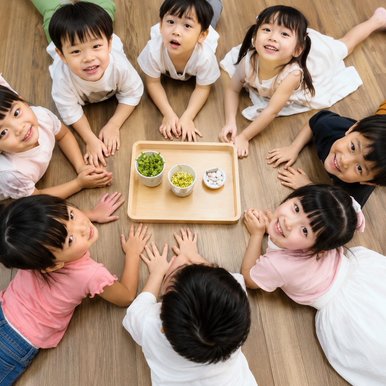 Children gathered around a tray, growing mung beans