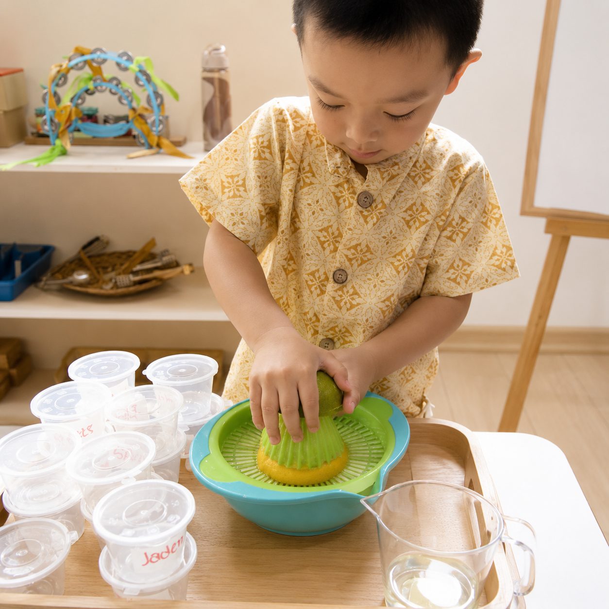 A child juicing oranges in a practical-life activity