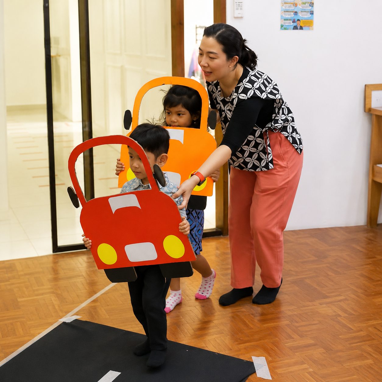 Children learning road safety with a teacher